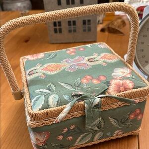 Floral Green and Tan Sewing Basket